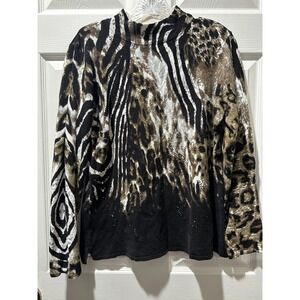 Sharon Young Animal Print Mock Neck Sweater Rhinestone Leopard Zebra M